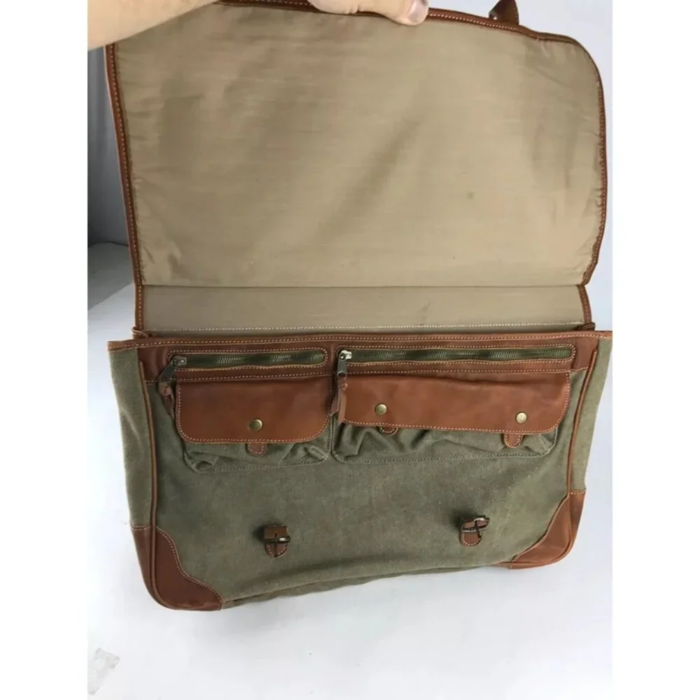Unisex Adults Beige Brown Canvas Inner Zip‎ Pockets Top Handle Messenger Bag